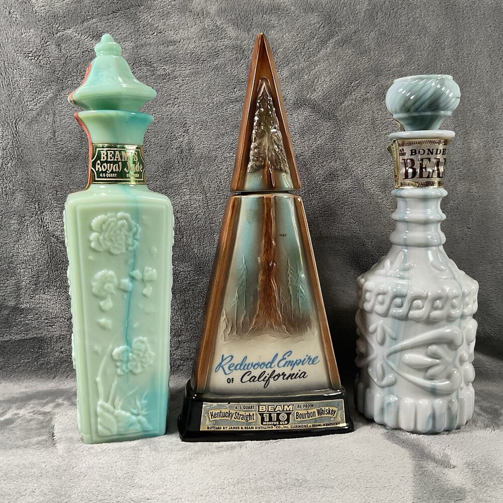 Vintage Jim Beam Decanter Lot 3 Royal Jade Redwood Empire Bonded Empty W Stopper